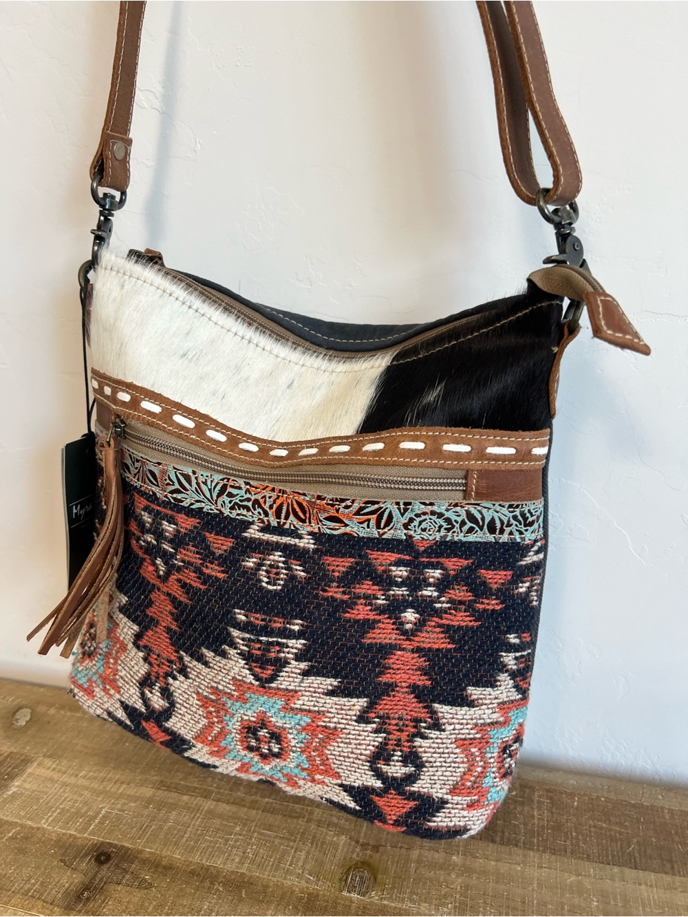 New Myra Bag Boho Aztec Crossbody with Cowhide & Embossed Leather Trim - Picture 9 of 10